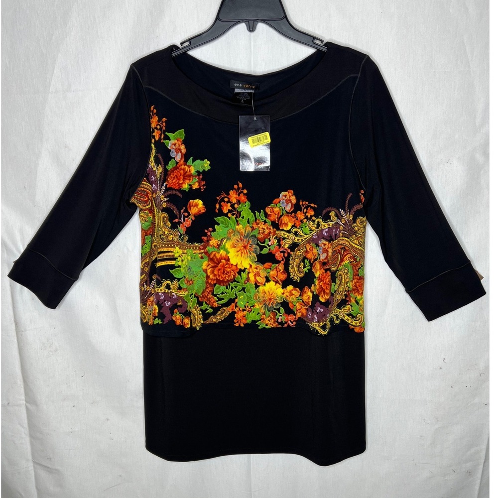 Eva Varro Womens Floral Paisley Print 3/4 Sleeve Tunic Top Black Large NWT